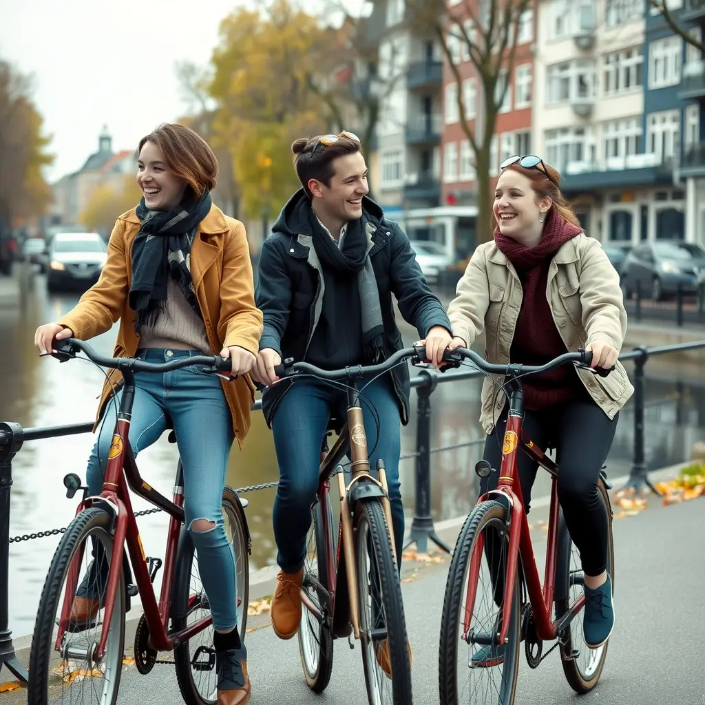 Tre glade studerende på brugte cykler langs en kanal i København