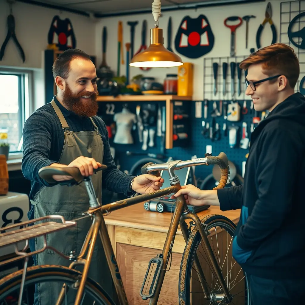 Cykelmekaniker i forklæde rækker en cykel over disken til en smilende kunde
